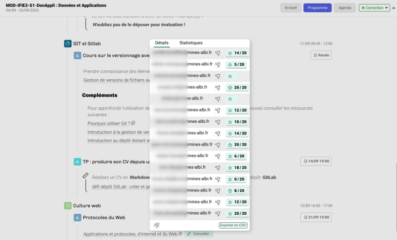 Exemple de notes issues des activités SCORM (OPALE ou ÉMERAUDE)