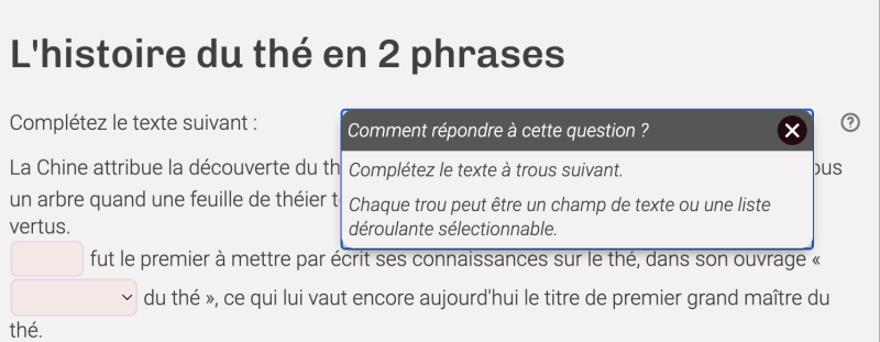 Exemple d'aide sur un texte à trous.