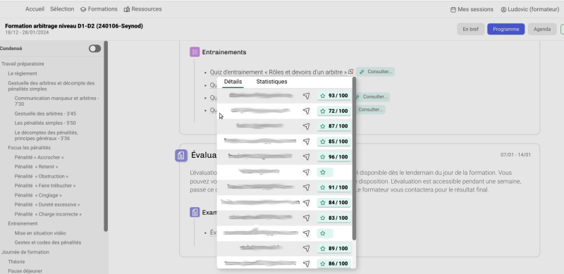 Vue formateur avec synthèse des notes des apprenants
